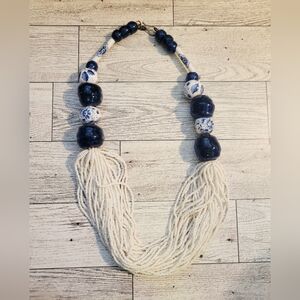 Blue and White Floral Ceramic Chunky Beaded Necklace